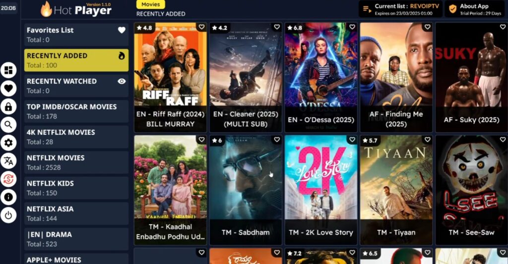 Hotplayer IPTV app interface showing recently added movies and TV shows on Firestick