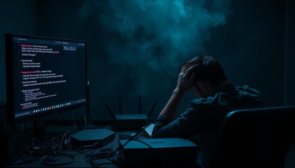 A dark, dimly lit room with a computer screen flickering, displaying various error messages and connection issues. In the foreground, a frustrated user sits at the desk, hands on their head, surrounded by tangled cables and a Next4k IPTV streaming device. The middle ground shows a router and modem, indicating network connectivity problems. The background is hazy, suggesting an atmosphere of technical difficulties and uncertainty. The lighting is harsh, creating dramatic shadows and highlighting the tension of the scene. The overall mood is one of frustration and a sense of being overwhelmed by the complexities of IPTV streaming. A dark, dimly lit room with a computer screen flickering, displaying various error messages and connection issues. In the foreground, a frustrated user sits at the desk, hands on their head, surrounded by tangled cables and a Next4k IPTV streaming device. The middle ground shows a router and modem, indicating network connectivity problems. The background is hazy, suggesting an atmosphere of technical difficulties and uncertainty. The lighting is harsh, creating dramatic shadows and highlighting the tension of the scene. The overall mood is one of frustration and a sense of being overwhelmed by the complexities of IPTV streaming.