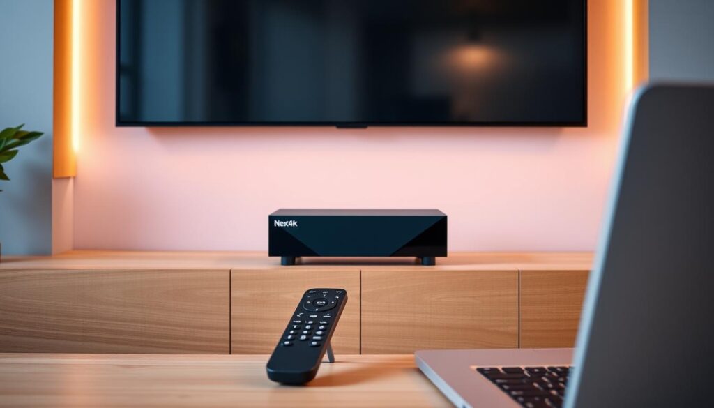 A modern home entertainment setup with a Next4k IPTV streaming device prominently displayed on a sleek, minimalist wooden media console. The device's clean, angular design stands out against a backdrop of warm, indirect lighting, casting a soft glow over the room. In the foreground, a high-end remote control and a laptop or tablet are positioned, suggesting the seamless integration of the IPTV system with other smart home devices. The overall scene conveys a sense of simplicity, efficiency, and technological sophistication, perfectly capturing the essence of a well-designed IPTV streaming setup. A modern home entertainment setup with a Next4k IPTV streaming device prominently displayed on a sleek, minimalist wooden media console. The device's clean, angular design stands out against a backdrop of warm, indirect lighting, casting a soft glow over the room. In the foreground, a high-end remote control and a laptop or tablet are positioned, suggesting the seamless integration of the IPTV system with other smart home devices. The overall scene conveys a sense of simplicity, efficiency, and technological sophistication, perfectly capturing the essence of a well-designed IPTV streaming setup.