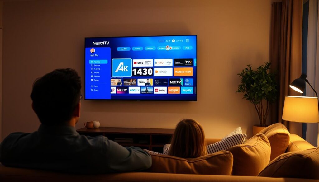 A modern living room with a large flat-screen TV mounted on the wall. The TV screen displays the Next4k IPTV service's user interface, showcasing a clean and intuitive layout with easy-to-navigate menus and a variety of content options. The room is illuminated by soft, warm lighting, creating a cozy and inviting atmosphere. In the foreground, a person is seated comfortably on a plush sofa, their attention focused on the TV, enjoying a seamless and immersive viewing experience. The overall scene conveys a sense of convenience, entertainment, and satisfaction with the Next4k IPTV service. A modern living room with a large flat-screen TV mounted on the wall. The TV screen displays the Next4k IPTV service's user interface, showcasing a clean and intuitive layout with easy-to-navigate menus and a variety of content options. The room is illuminated by soft, warm lighting, creating a cozy and inviting atmosphere. In the foreground, a person is seated comfortably on a plush sofa, their attention focused on the TV, enjoying a seamless and immersive viewing experience. The overall scene conveys a sense of convenience, entertainment, and satisfaction with the Next4k IPTV service.