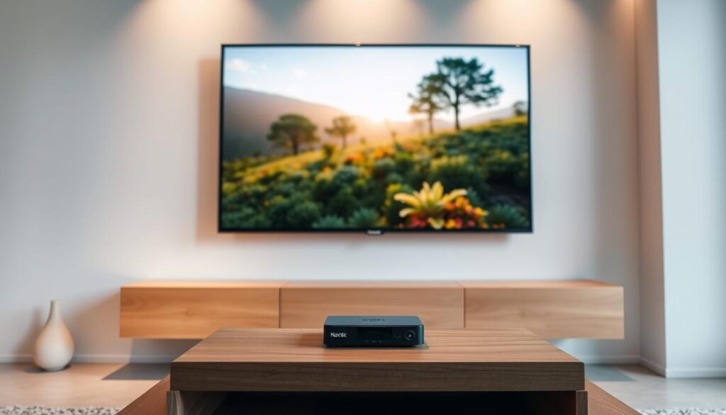 A sleek, minimal living room with a large flatscreen TV mounted on the wall. In the foreground, a modern, low-profile media console in a warm wood tone holds a Next4k IPTV box. Soft, indirect lighting illuminates the space, creating a cozy, inviting atmosphere. The TV displays a vibrant, high-definition nature scene, hinting at the wide array of content available through the Next4k IPTV service. The room is uncluttered, with clean lines and a balanced, harmonious composition, conveying the cost-effective and streamlined nature of the IPTV setup. A sleek, minimal living room with a large flatscreen TV mounted on the wall. In the foreground, a modern, low-profile media console in a warm wood tone holds a Next4k IPTV box. Soft, indirect lighting illuminates the space, creating a cozy, inviting atmosphere. The TV displays a vibrant, high-definition nature scene, hinting at the wide array of content available through the Next4k IPTV service. The room is uncluttered, with clean lines and a balanced, harmonious composition, conveying the cost-effective and streamlined nature of the IPTV setup.