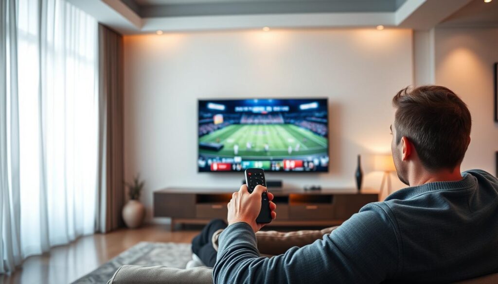 A sleek, modern living room with a large, high-definition TV screen displaying a live sports event. In the foreground, a person is relaxing on a comfortable couch, holding a Next4k IPTV remote control and eagerly watching the game. The room is well-lit, with a warm, inviting atmosphere created by soft lighting and neutral-toned decor. The background features a minimalist, contemporary design, emphasizing the user's focus on the immersive sports experience. The image conveys a sense of excitement, comfort, and the seamless integration of IPTV technology into the viewer's daily life. A sleek, modern living room with a large, high-definition TV screen displaying a live sports event. In the foreground, a person is relaxing on a comfortable couch, holding a Next4k IPTV remote control and eagerly watching the game. The room is well-lit, with a warm, inviting atmosphere created by soft lighting and neutral-toned decor. The background features a minimalist, contemporary design, emphasizing the user's focus on the immersive sports experience. The image conveys a sense of excitement, comfort, and the seamless integration of IPTV technology into the viewer's daily life.