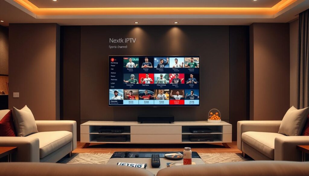 A spacious home entertainment setup with a sleek, modern TV stand displaying the Next4k IPTV sports channel offerings. The screen shows a dynamic interface with a grid of various sports icons and live event thumbnails. The lighting is warm and inviting, with subtle ambient lighting accentuating the clean lines of the furniture. In the foreground, a remote control and a few snacks and beverages suggest a comfortable, immersive viewing experience. The overall scene evokes a sense of anticipation and excitement for the upcoming live sports events available through the Next4k IPTV service. A spacious home entertainment setup with a sleek, modern TV stand displaying the Next4k IPTV sports channel offerings. The screen shows a dynamic interface with a grid of various sports icons and live event thumbnails. The lighting is warm and inviting, with subtle ambient lighting accentuating the clean lines of the furniture. In the foreground, a remote control and a few snacks and beverages suggest a comfortable, immersive viewing experience. The overall scene evokes a sense of anticipation and excitement for the upcoming live sports events available through the Next4k IPTV service.