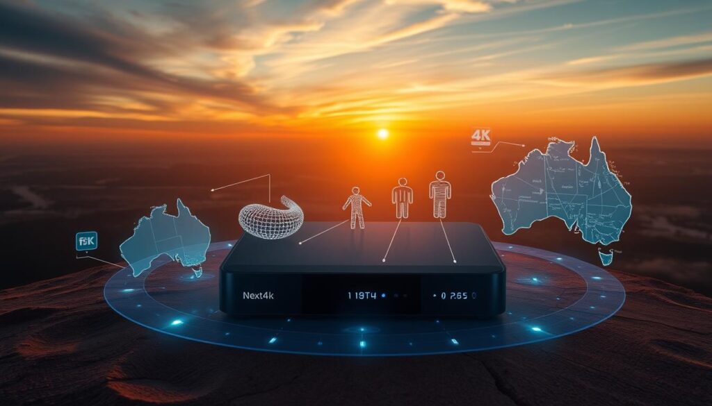 A cinematic aerial view of the Australian landscape at sunset, with a sleek, modern Next4k IPTV set-top box prominently featured in the foreground. The box is surrounded by a technological display showcasing the evolution of television in the country, with holographic images and data visualizations depicting the transition from traditional broadcast to the cutting-edge world of internet-based television services. The scene is bathed in warm, golden light, conveying a sense of progress and advancement in the way Australians consume and experience television content. A cinematic aerial view of the Australian landscape at sunset, with a sleek, modern Next4k IPTV set-top box prominently featured in the foreground. The box is surrounded by a technological display showcasing the evolution of television in the country, with holographic images and data visualizations depicting the transition from traditional broadcast to the cutting-edge world of internet-based television services. The scene is bathed in warm, golden light, conveying a sense of progress and advancement in the way Australians consume and experience television content.