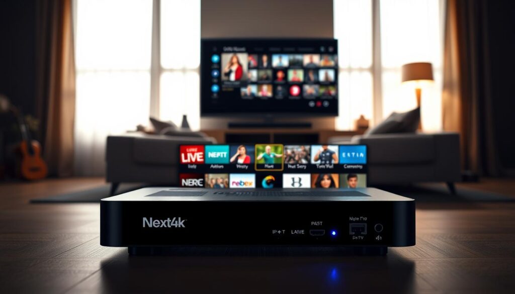 A dynamic and visually engaging scene depicting a modern IPTV user interface. The foreground showcases a stylish Next4k branded IPTV set-top box displaying a grid of high-definition live TV channels. The middle ground features a sleek, minimalist media console with various connectivity ports. The background depicts a cozy, dimly lit living room with large windows letting in soft natural light, creating a warm and inviting atmosphere. The overall scene conveys the convenience, technology, and comfort of IPTV consumption in a contemporary home setting. A dynamic and visually engaging scene depicting a modern IPTV user interface. The foreground showcases a stylish Next4k branded IPTV set-top box displaying a grid of high-definition live TV channels. The middle ground features a sleek, minimalist media console with various connectivity ports. The background depicts a cozy, dimly lit living room with large windows letting in soft natural light, creating a warm and inviting atmosphere. The overall scene conveys the convenience, technology, and comfort of IPTV consumption in a contemporary home setting.