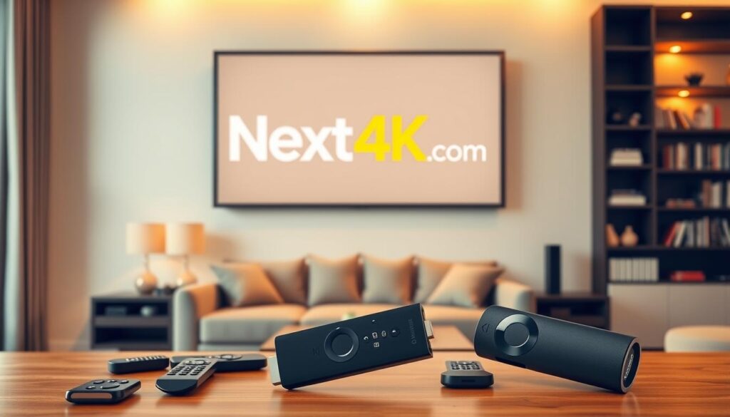 A modern living room with a large flatscreen TV mounted on the wall, displaying the Next4k.com logo. The room is well-lit, with warm, ambient lighting creating a cozy atmosphere. In the foreground, a sleek, black Firestick device is prominently displayed, surrounded by various remote controls and streaming devices. The middle ground features a comfortable, neutral-toned couch and a coffee table, suggesting a relaxed, home entertainment setting. The background showcases a bookshelf or entertainment center, hinting at a well-curated media collection. The overall composition conveys the idea of a seamless, high-quality IPTV streaming experience for Firestick users, thanks to the reliable and feature-rich Next4k.com service. A modern living room with a large flatscreen TV mounted on the wall, displaying the Next4k.com logo. The room is well-lit, with warm, ambient lighting creating a cozy atmosphere. In the foreground, a sleek, black Firestick device is prominently displayed, surrounded by various remote controls and streaming devices. The middle ground features a comfortable, neutral-toned couch and a coffee table, suggesting a relaxed, home entertainment setting. The background showcases a bookshelf or entertainment center, hinting at a well-curated media collection. The overall composition conveys the idea of a seamless, high-quality IPTV streaming experience for Firestick users, thanks to the reliable and feature-rich Next4k.com service.