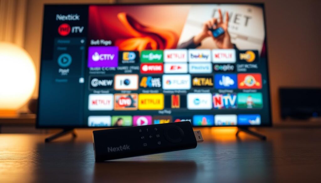 A sleek and modern IPTV interface displayed on a Next4k Firestick device, showcasing a diverse array of live TV channels and on-demand content. The screen is illuminated by a soft, warm lighting that creates a cozy and inviting atmosphere. The channel logos and icons are crisp and easy to navigate, reflecting the device's high-quality, user-friendly design. The background is subtly blurred, allowing the IPTV interface to take center stage and capture the viewer's attention. This image conveys the essential features that make Next4k an exceptional choice for Firestick IPTV services, including its comprehensive channel selection, intuitive layout, and seamless streaming capabilities. A sleek and modern IPTV interface displayed on a Next4k Firestick device, showcasing a diverse array of live TV channels and on-demand content. The screen is illuminated by a soft, warm lighting that creates a cozy and inviting atmosphere. The channel logos and icons are crisp and easy to navigate, reflecting the device's high-quality, user-friendly design. The background is subtly blurred, allowing the IPTV interface to take center stage and capture the viewer's attention. This image conveys the essential features that make Next4k an exceptional choice for Firestick IPTV services, including its comprehensive channel selection, intuitive layout, and seamless streaming capabilities.