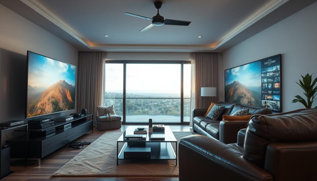 A well-lit interior scene showcasing a modern Australian living room. In the foreground, a large flat-screen TV dominates the frame, displaying vivid, high-quality IPTV content. Surrounding the TV are various streaming devices, remote controls, and other media accessories, conveying the idea of a seamless, integrated home entertainment setup. The middle ground features a comfortable leather sofa and armchair, with a coffee table in between, creating a cozy and inviting atmosphere. The background depicts large windows overlooking a scenic Australian landscape, with soft, natural lighting filtering in and adding to the sense of reliability and trustworthiness. The overall tone is one of sophistication, technological savvy, and the effortless enjoyment of premium entertainment. A well-lit interior scene showcasing a modern Australian living room. In the foreground, a large flat-screen TV dominates the frame, displaying vivid, high-quality IPTV content. Surrounding the TV are various streaming devices, remote controls, and other media accessories, conveying the idea of a seamless, integrated home entertainment setup. The middle ground features a comfortable leather sofa and armchair, with a coffee table in between, creating a cozy and inviting atmosphere. The background depicts large windows overlooking a scenic Australian landscape, with soft, natural lighting filtering in and adding to the sense of reliability and trustworthiness. The overall tone is one of sophistication, technological savvy, and the effortless enjoyment of premium entertainment.